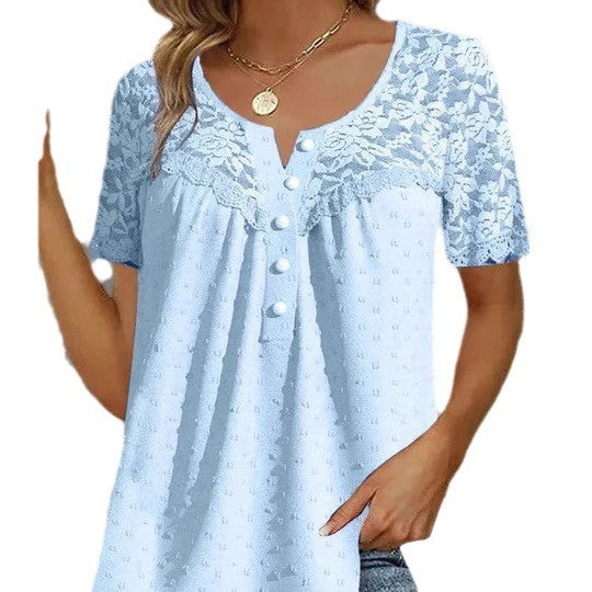 Lace V-neck Patchwork T-shirt