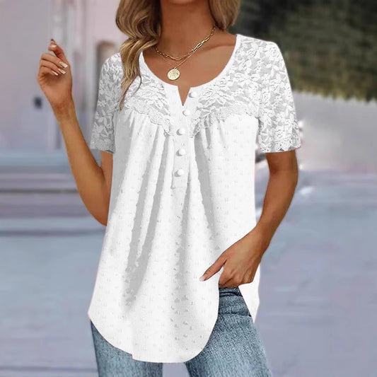 Lace V-neck Patchwork T-shirt